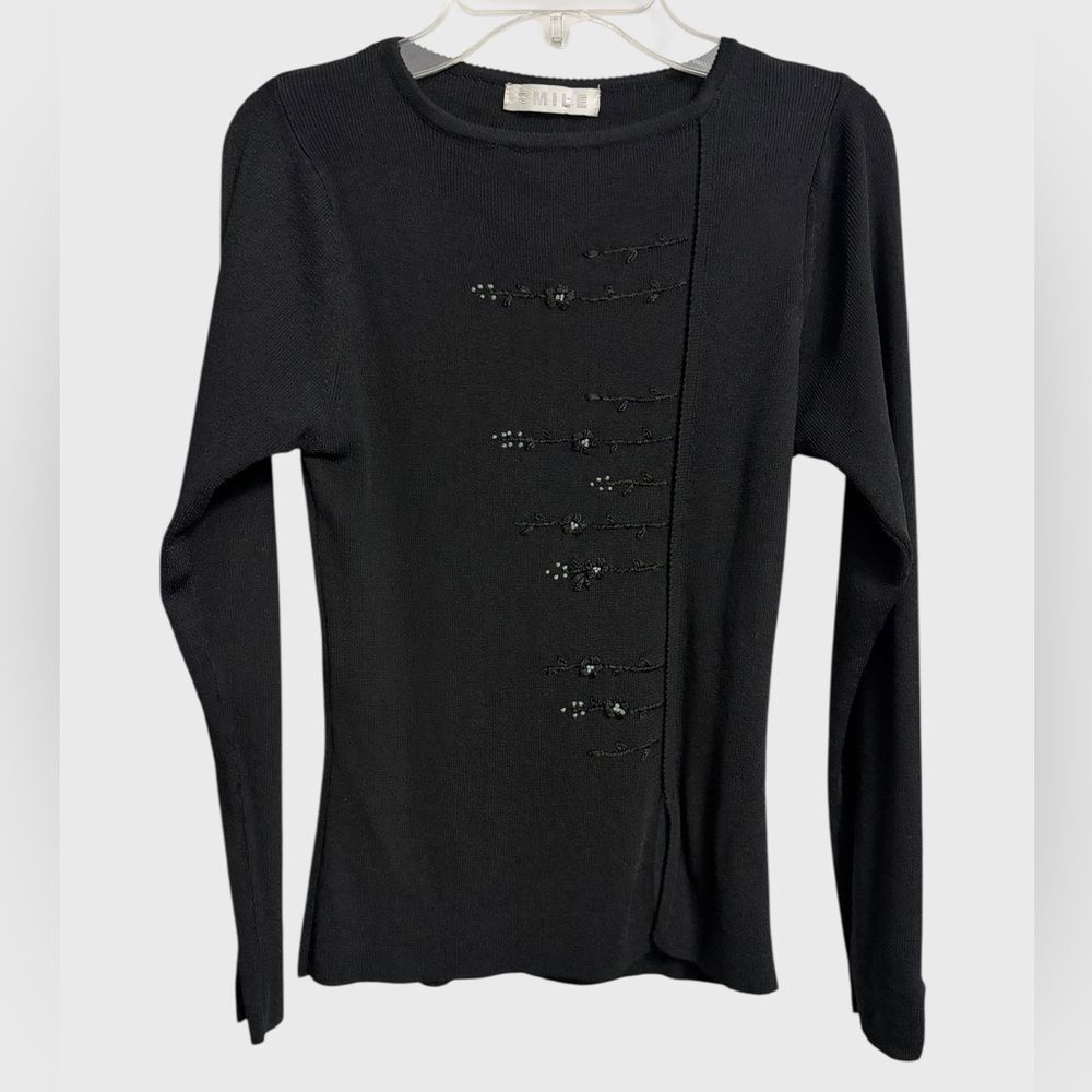 Women's Rib Knit Beaded Embroidered Top Size XS/S Black Feminine Romantic Y2K